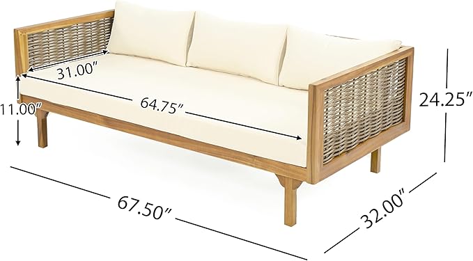 Merax Outdoor Acacia Wood Conversation Set - Patio 3-Seat Loveseat Sofa w/Coushion and Round Coffee Table for Backyard, Lawn, Balcony, Beige +Teak Merax
