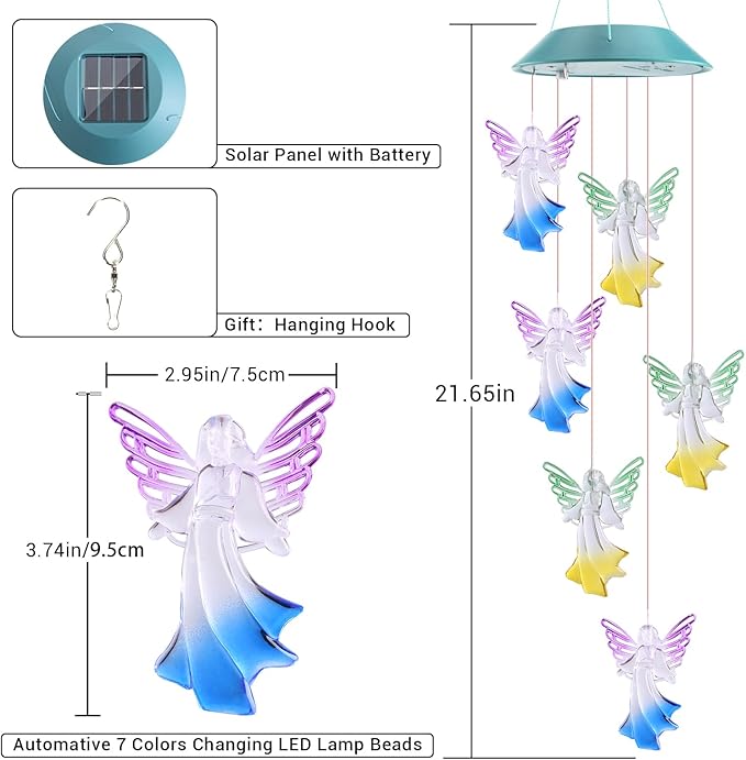 Toodour Solar Wind Chimes, Color Changing Angel Wind Chimes, LED Decorative Mobile, Gifts for Mom Grandma, Waterproof Outdoor Decorative Lights for Garden, Patio, Yard, Window Outdoor Decor Toodour