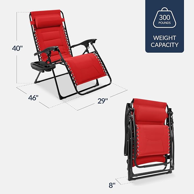 Best Choice Products Oversized Padded Zero Gravity Chair, Folding Outdoor Patio Recliner, XL Anti Gravity Lounger for Backyard w/Headrest, Cup Holder, Side Tray, Polyester Mesh - Crimson Red BestChoiceProducts