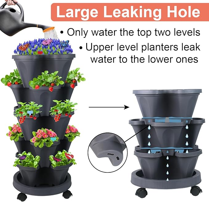 DUNCHATY Stackable Planter, Vertical Strawberry Planter with Garen Tool Set, Self Watering Garden Planter Indoor/Outdoor 5 Tier Herb Planter Pots for Growing Vegetables and Succulents, Dark Gray DUNCHATY