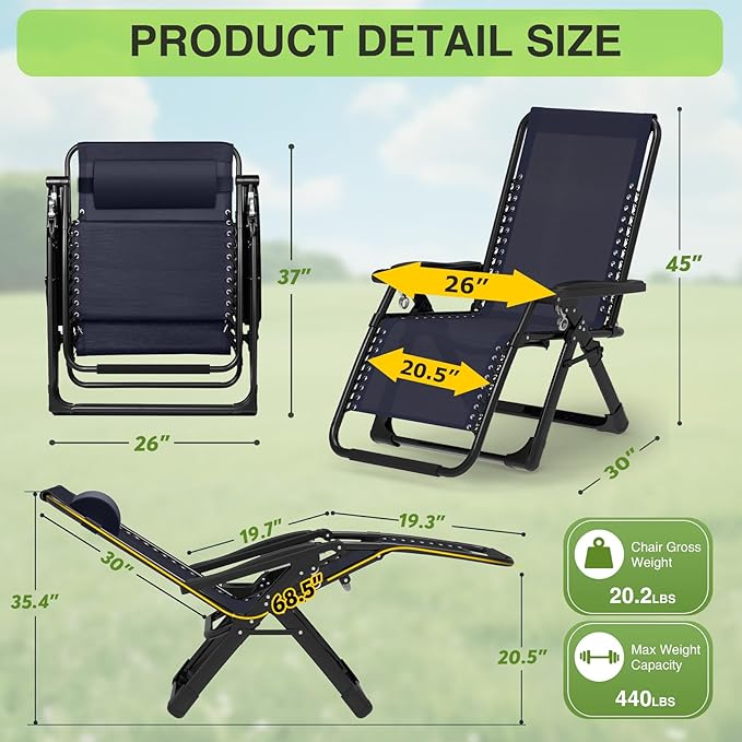 Suteck Zero Gravity Chair Set of 2, Reclining Camping Lounge Chair w/Removable Cushion, Upgraded Lock and Cup Holder, Reclining Patio Chairs Folding Recliner for Indoor and Outdoor Suteck