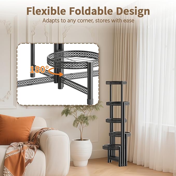 LASZOLA 5 Tiered Folding Tall Plant Stand Indoor Outdoor for Large Planter, Heavy Duty Metal Adjustable Multiple Flower Rack for Corner, Wrought Iron High Spiral Holder for Modern House Patio, Black LASZOLA