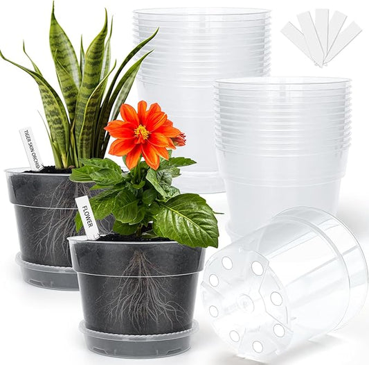 BTPLASTIK Clear Plastic Nursery Pots for Plants, 6 Inch Transparent Plant Pot with Drainage Holes, Flower Pots with Saucers, Seed Starter Pots with 15 Pcs Plant Labels, Gardening Gifts BTPLASTIK