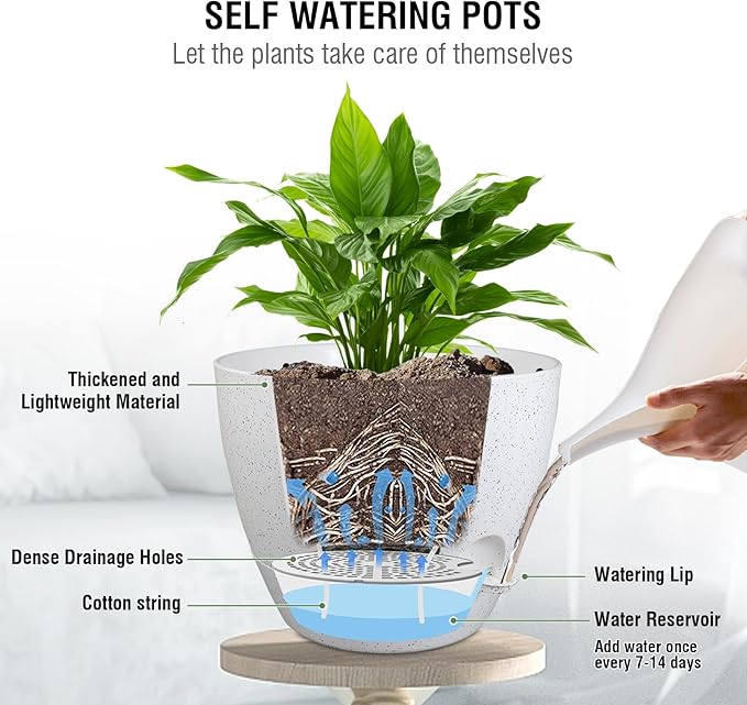 10 inch Self Watering Hanging Planters, 2 Pack Hanging Baskets for Indoor Outdoor Plants, Hanging Flower Pots with Drainage Holes and 2 Kinds of Plant Hangers for Garden Decor, Speckled White Meowell