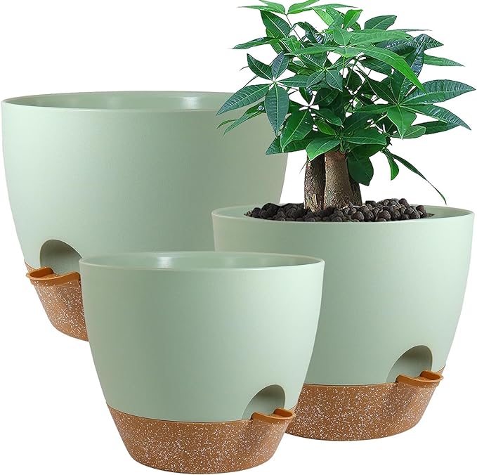Large Self Watering Pots, 12/10/9 Plastic Planters with High Drainage Holes and Deep Reservoir for Indoor Outdoor Garden Plants and Flowers, Green with Brown UOUZ
