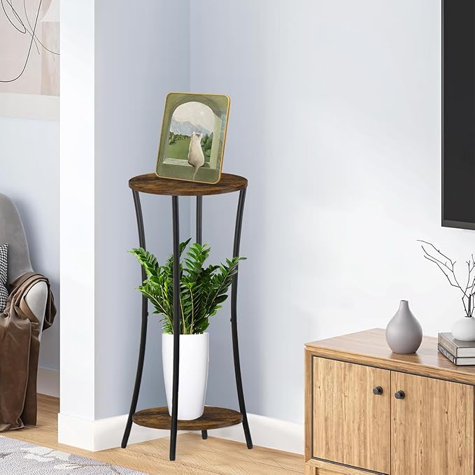 YINMIT Plant Stand Indoor,2 Tier Round Potted Holder Rack,Flower Pot Stand Shelf,Round Supports Rack,Corner Plant Shelf for Balcony Garden Patio Living Room,Brown YINMIT