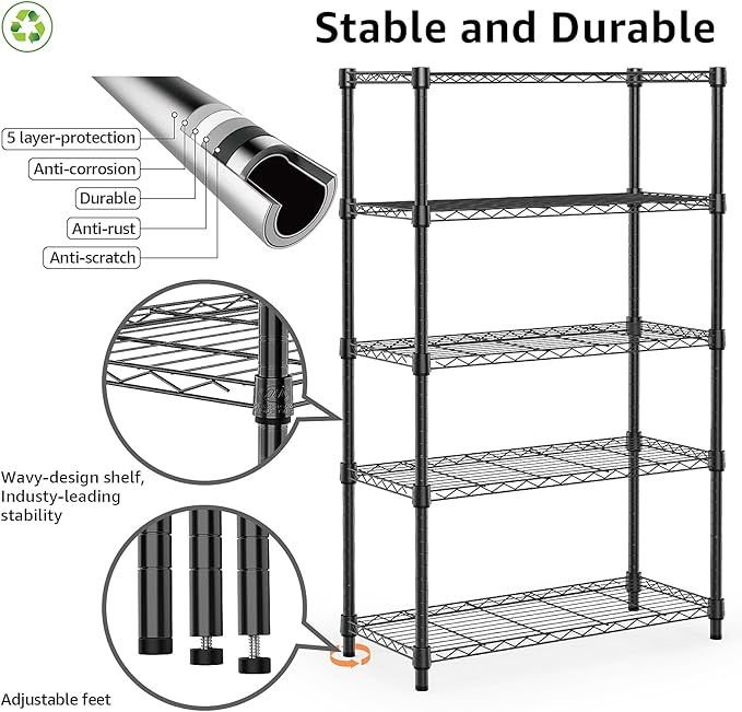 1250 lbs Storage Shelving Utility Shelving Unit 5-Tier Utility Shelving Unit Steel Organizer Wire Rack for Home,Kitchen,Office (13.7" D x 23.6" W x 62.4" H) MEIGAOPLASTICANDMETALHKCOLIMITED