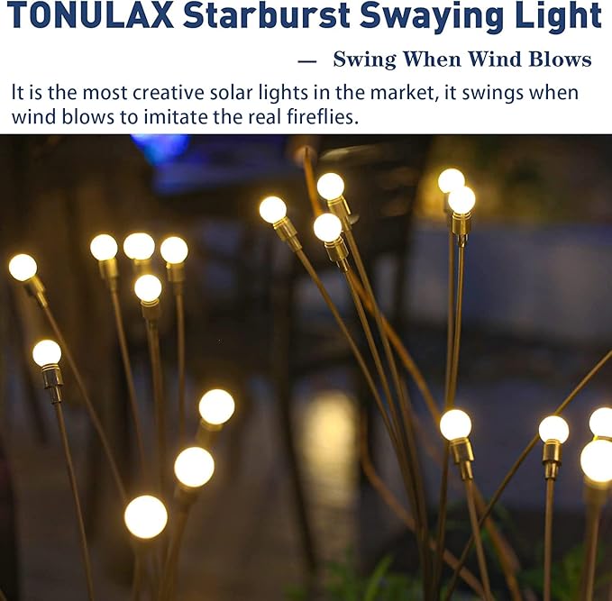 TONULAX Solar Garden Lights - Upgraded Solar Swaying Light, Sway by Wind, Outdoor Lights, Yard Patio Pathway Decoration, High Flexibility Iron Wire & Heavy Bulb Base, Warm White(6 Pack) TONULAX