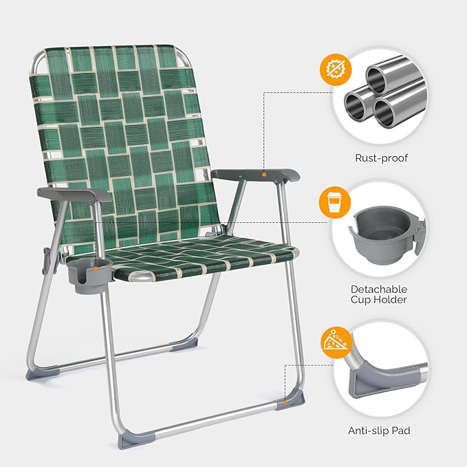 VINGLI Folding Webbed Oversized Lawn Chairs with Detachable Cup Holder, 300 LBS High Beach Chair for Adults Heavy Duty, Portable Aluminum Patio Chair for Yard, Garden, 2 Pack,Dark Green VINGLI