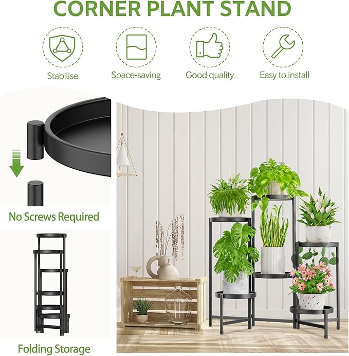 iDavosic.ly 6 Tier Large Plant Stand Indoor with 10 Inch Wide Tray, Tiered Corner Metal Outdoor Flower Display Holder Shelf, Folding Tall Rack for Patio Porch Living Room, Modern Black iDavosicly
