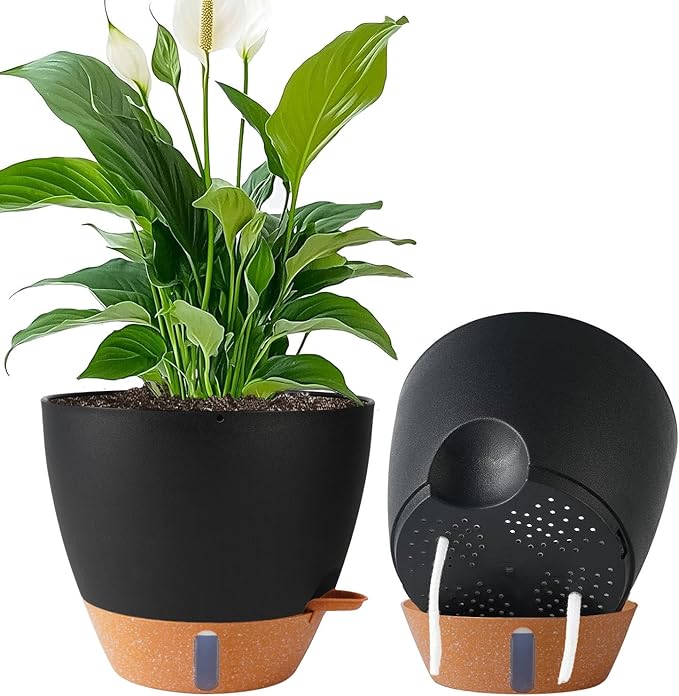 2 Pack 10 inch Plant Pots, Plastic Self Watering Planters with Drainage Holes, Deep Reservoir, Water Level Indicator, Modern Decorative Flower Pots for Indoor Outdoor Plants (Black, 10 inch) Fielda