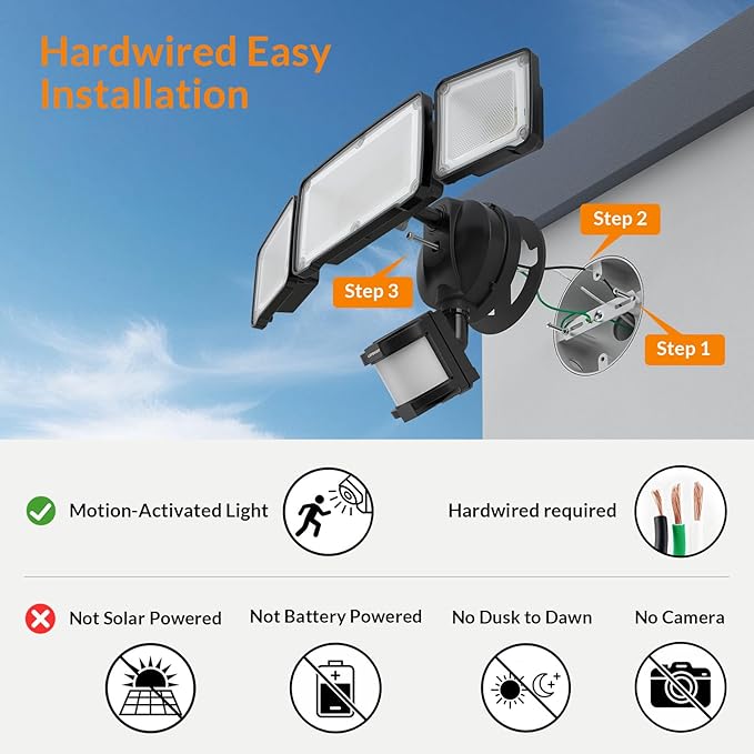 LEPOWER LED Motion Sensor Security Lights, 3 Head Motion Detected, 38W, 4200LM, Waterproof IP65, 5500K, Full Metal for Outdoor, Garage, Porch, Yard (Black) LEPOWER