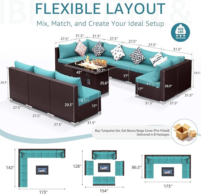NICESOUL Modern Outdoor Couches with Firepit Table Propane/Natural Gas, 29.3'' High Back Comfy Conversation Set with Fireplace, 10 Seater Large Wide Patio Furniture Set, Brown Rattan and Teal Cushion NICESOUL