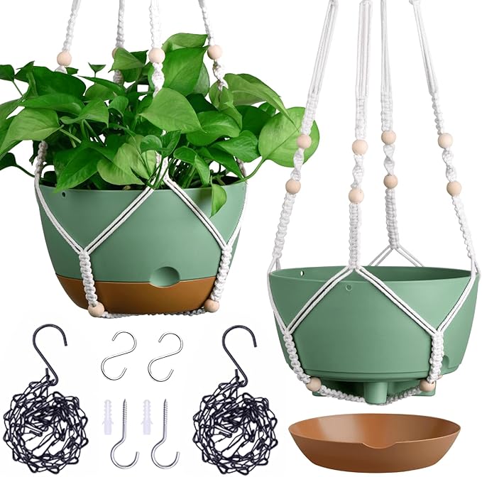 Set of 2-10 Inch Hanging Planters for Indoor Plants with Self-Watering Includes Hanging Pots for Plants, Outdoor Hanging Plant Pot with Drainage, and 2 Types of Baskets Hangers (Green, 10inch) Montresor