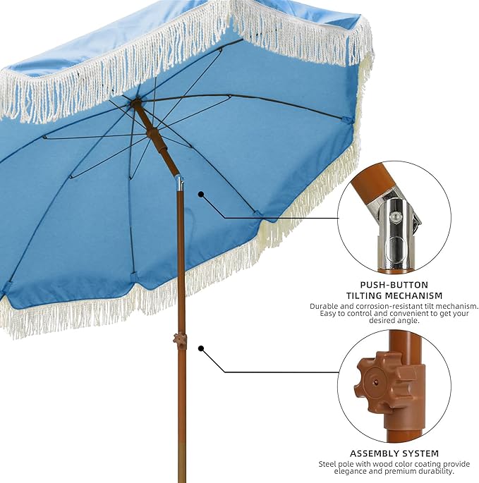 AMMSUN 7ft Patio Umbrella with Fringe Outdoor Tassel Umbrella UPF50+ Premium Steel Pole and Ribs Push Button Tilt, Sky Blue AMMSUN