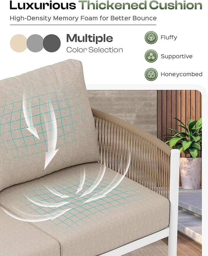 Aluminum Outdoor Sofa Armchair, HDPE Rope Patio Couch with Washable Thick Cushion, All-Weather Outdoor Patio Chairs Set of 2 for Balcony, Yard, White Frame, Ivory Oasbira