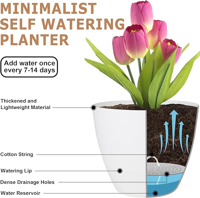 Plant Pots 10/9/8/7.5/7 Inch Self Watering Pots, Set of 5 Plastic Planters with Drainage Holes and Saucers,Plastic Flower Pots,Nursery Planting Pot for Indoor Out Door Plants(Pure White) QRRICA