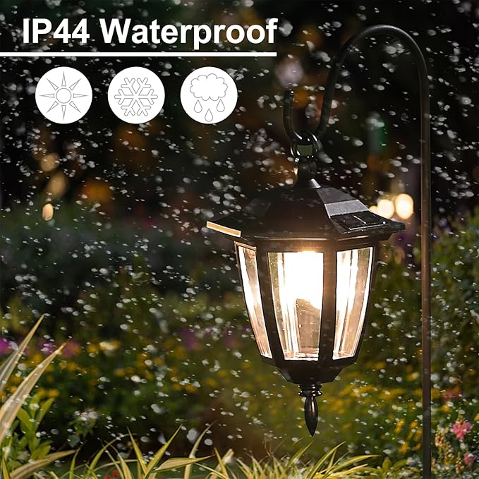 Dynaming 4 Pack Solar Hanging Lights Outdoor, Solar Powered Garden Decorative Lanterns with 4 x 38 Inch Shepherd Hooks, Waterproof Landscape Lighting for Lawn Patio Yard Pathway Driveway, Warm White Dynaming