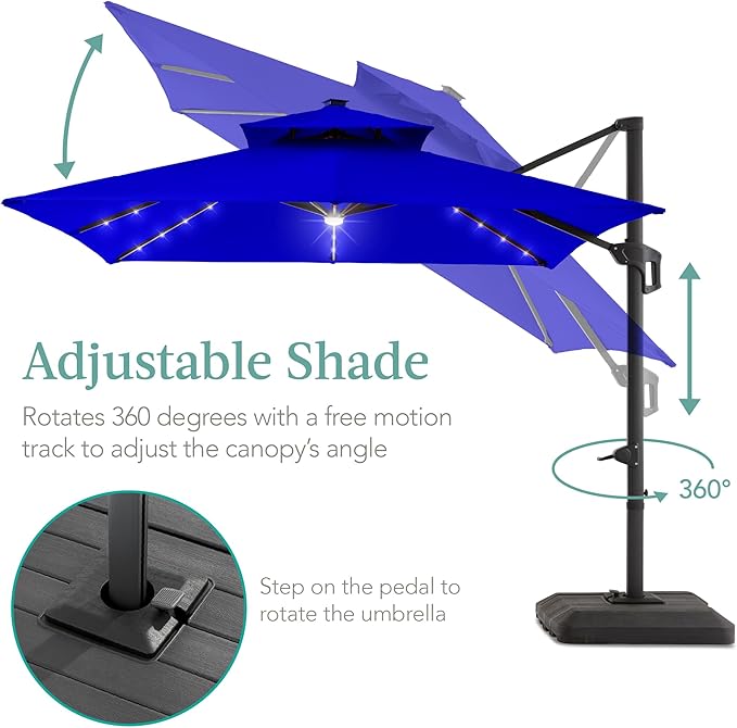 Best Choice Products 10x10ft Cantilever Patio Umbrella w/Base Included, Solar LED Lights 360 Rotation Large Offset Hanging Outdoor Shade for Deck Pool Backyard w/Stand – Resort Blue BestChoiceProducts