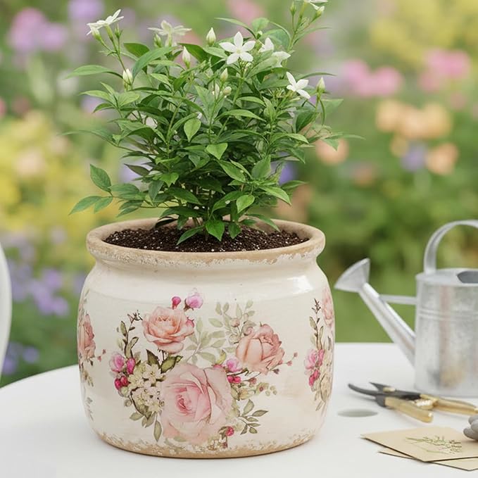 Ceramic Planter for Indoor Plants, 6.29 Inch Rose Pattern Crackle Glaze Flower Pot with Drainage Hole, Orchid Succulent Pots, European Farmhouse Bedroom Balcony Decor Gift, Pink XiaanJiaju