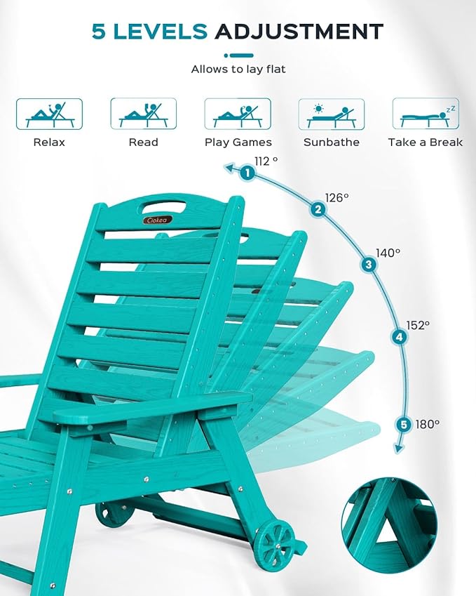 Lounge Chair Outdoor, Oversized Chaise Lounge Chair with 5 Positions, HDPE, Patio Lounge Chair with Wheels & Cup Holder for Pool, Deck, Poolside, Lake Blue CIOKEA