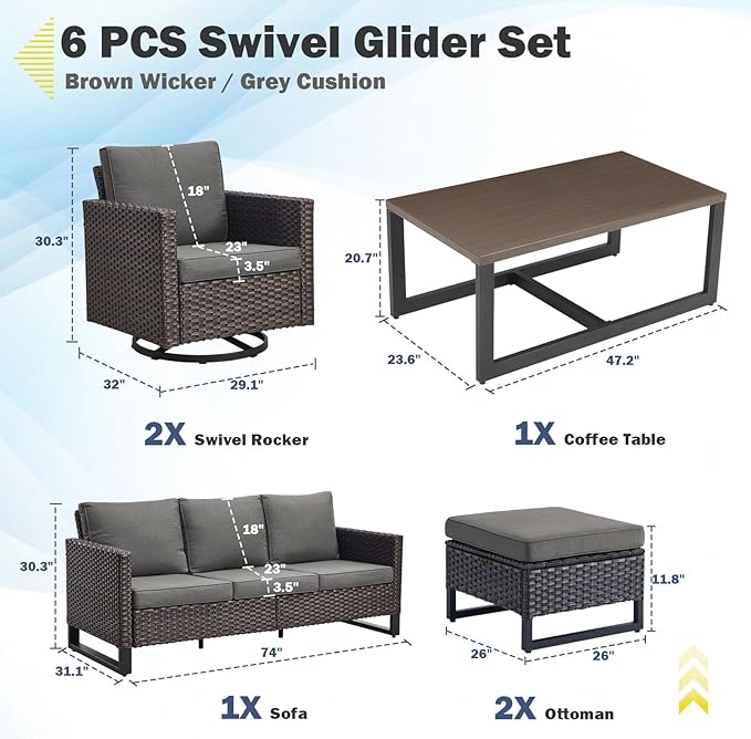 Belord 6 Piece Outdoor Furniture Patio Wicker Sofa Set, Oversize Outdoor Swivel Rocker Chairs with Rattan Ottomans, Conversation Sets Patio Furniture Come with Removable Washable Blue Cushion Belord