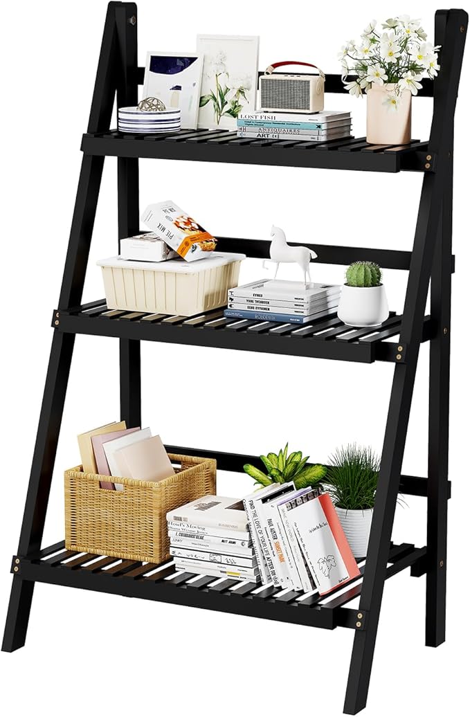 39.4" Foldable Plant Shelf Ladder Shelf, 3 Tier Bamboo Ladder Flower Pot Display Shelf, Freestanding Ladder Bookshelf for Garden, Balcony, Yard, Living Room, 23.6" W x 15" D x 39.4" H, Black OAKVIVOElegantLifestyle