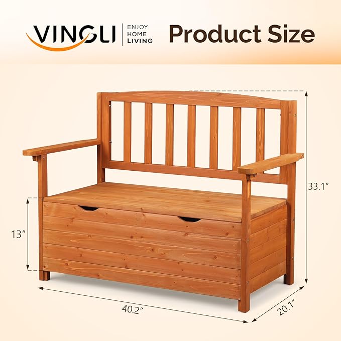 VINGLI Outdoor Storage Bench, Large Wood Deck Box with Seating, Weatherproof Outdoor Bench with Storage Loveseat, 2-Person Wooden Patio Bench for Entryway, Backyard, Garden VINGLI