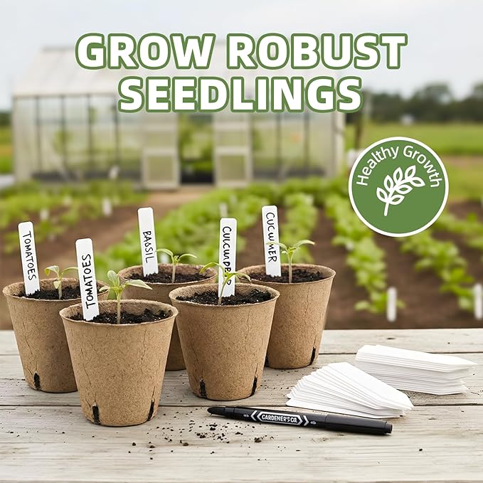 70Pcs Biodegradable 4” Peat Pots with 70Pcs Plant Labels, Biodegradable Seed Starter Pots with Drainage Holes, Nursery Pots for Seedlings, Herbs, Vegetables, Flowers, Gardening Kit Cleangor