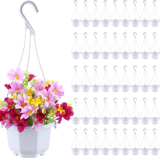 Roshtia 50 Pcs 3.7 inch Plastic Hanging Plant Pots with Hooks Flower Pots Baskets Outdoor Hanging Nursery Planter Holder for Home Garden Balcony Porch(Gray White, 3.7 inch) Roshtia