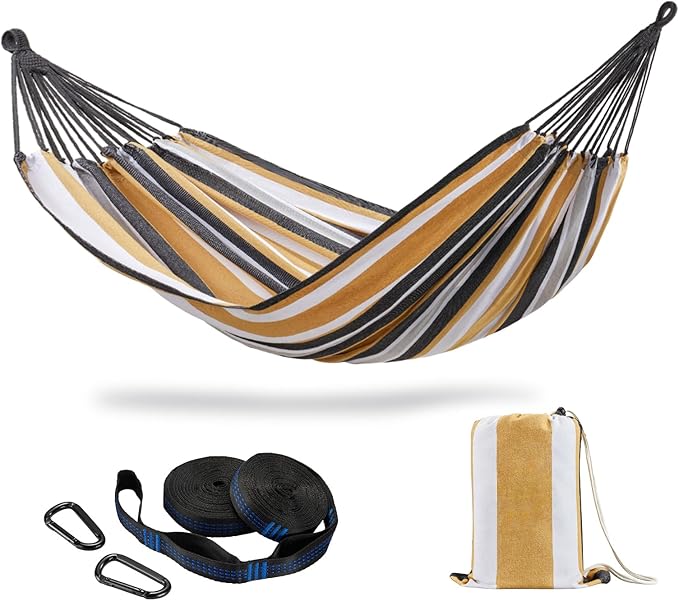 Brazilian Double Hammock with Tree Straps,Extra Large 94x63IN,2 Persons Hammock for Backyard Patio Outdoor and Indoor,450lbs Weight Capacity,Soft Woven Cotton Fabric - Coffee Stripe CHULIM