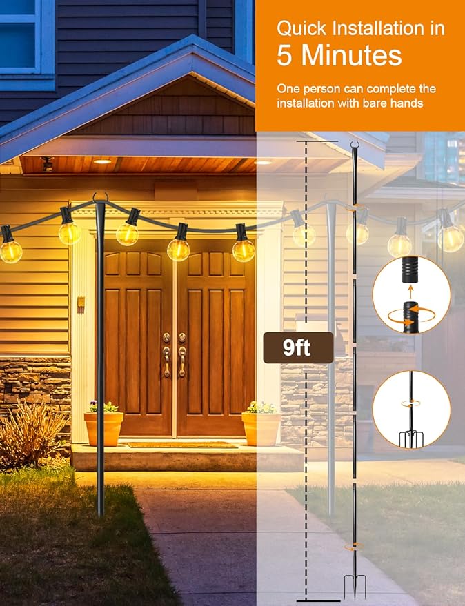 6 Pack String Light Poles for Outside, Thickened Metal Lights Hanger Pole Outdoor with Fork, Lighting Hanging Post Accessories for Patio Decor Garden Backyard Yard Front Porch Outside Decorations Fussion
