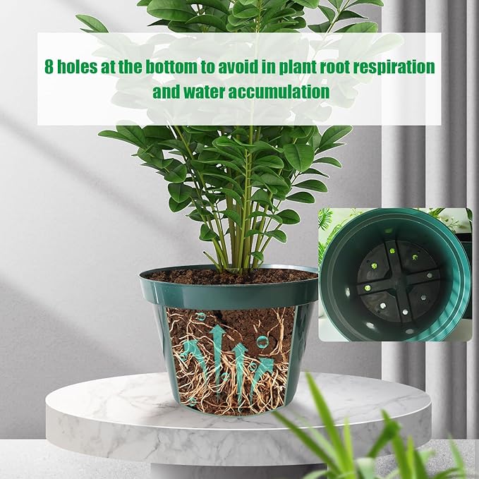 10 Pack Green Plastic Planter Pots, 10 Inch Thick with Multiple Drainage Holes, for Herbs, Strawberries, Flowers - Indoor/Outdoor RooTrimmer