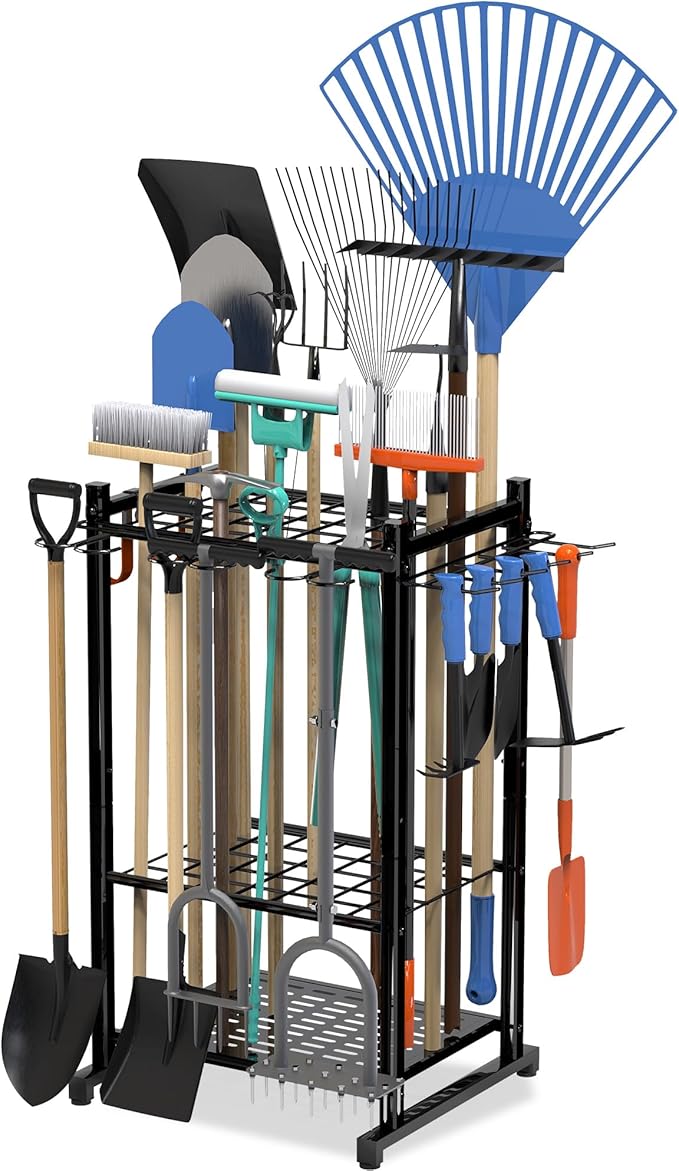 Garden Tool Organizer Rack Up to 50 Tools, Heavy-Duty Steel Yard Tool Organizer for Garage Storage with 11 Hooks, Broom Holder & Garden Tool Rack for Shed, Patio, Outdoor Use, Black Sttoraboks