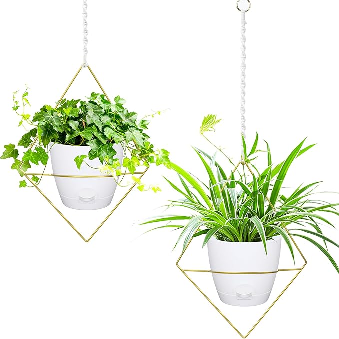 Hanging Planters for Indoor Plants, 2 Set Self Watering Hanging Flower Pots, Modern Hanging Plant Baskets with Metal Plant Holder & 6.5 Inch Plastic Pots for Garden Home Decor (Gold Frame White Pot) Koalaime