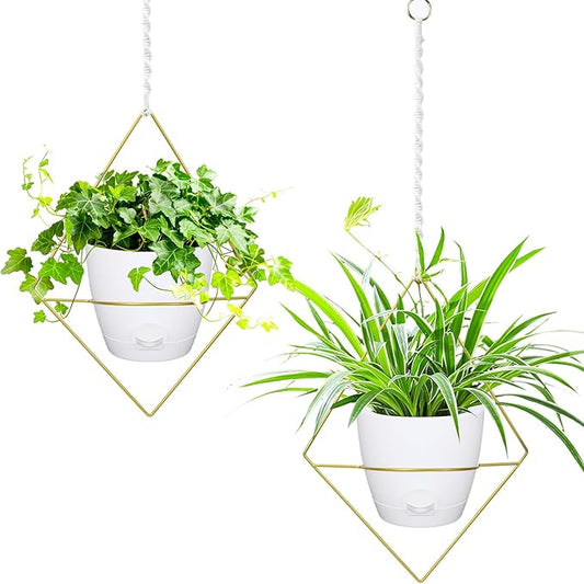 Hanging Planters for Indoor Plants, 2 Set Self Watering Hanging Flower Pots, Modern Hanging Plant Baskets with Metal Plant Holder & 6.5 Inch Plastic Pots for Garden Home Decor (Gold Frame White Pot) Koalaime