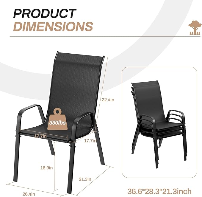 TLSUNNY Patio Chairs, Stackable Textilene Outdoor Dining Furniture for All Weather, with 17.7″ Wide Seat & Metal Frame, for Garden, Backyard, Deck, Restaurant, Poolside (6, Black, 26.4″) TLSUNNY