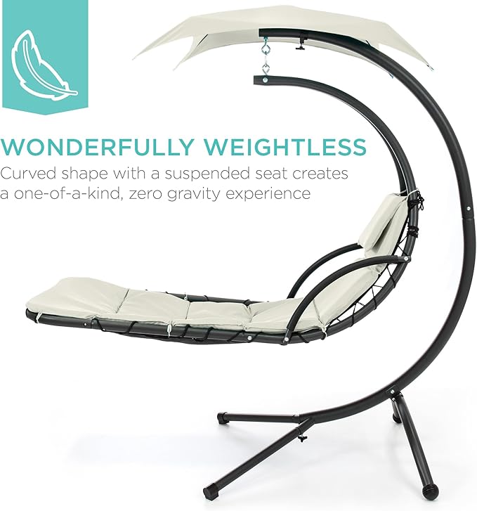 Best Choice Products Outdoor Hanging Curved Steel Chaise Lounge Chair Swing w/Built-in Pillow and Removable Canopy - Ivory BestChoiceProducts