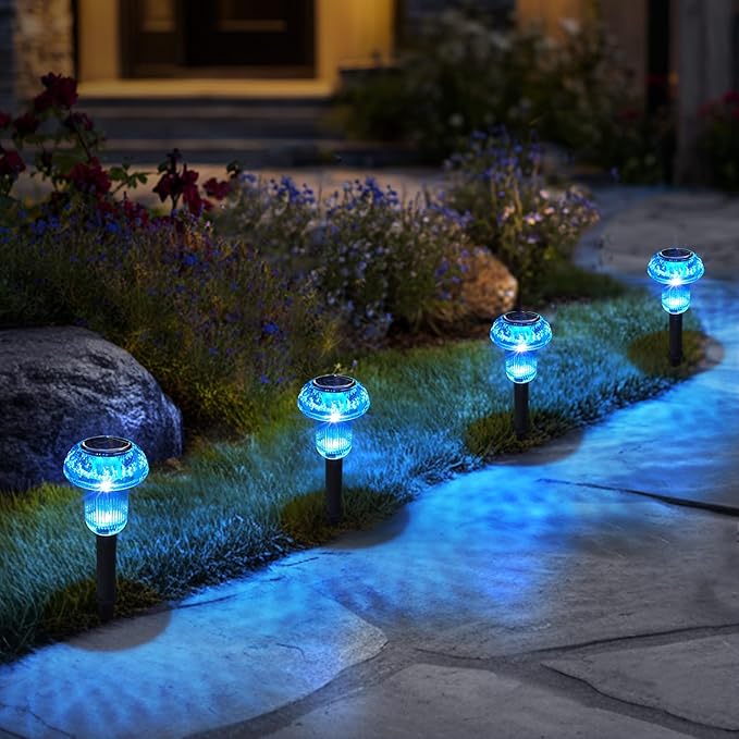 Easter Solar Pathway Lights Outdoor Decorative 4 Pack, Blue LED Mushroom Solar Lights Outdoor Waterproof Solar Powered Decor for Yard Driveway Patio, Valentines Day Halloween Christmas Garden Decor COZYPAVILION