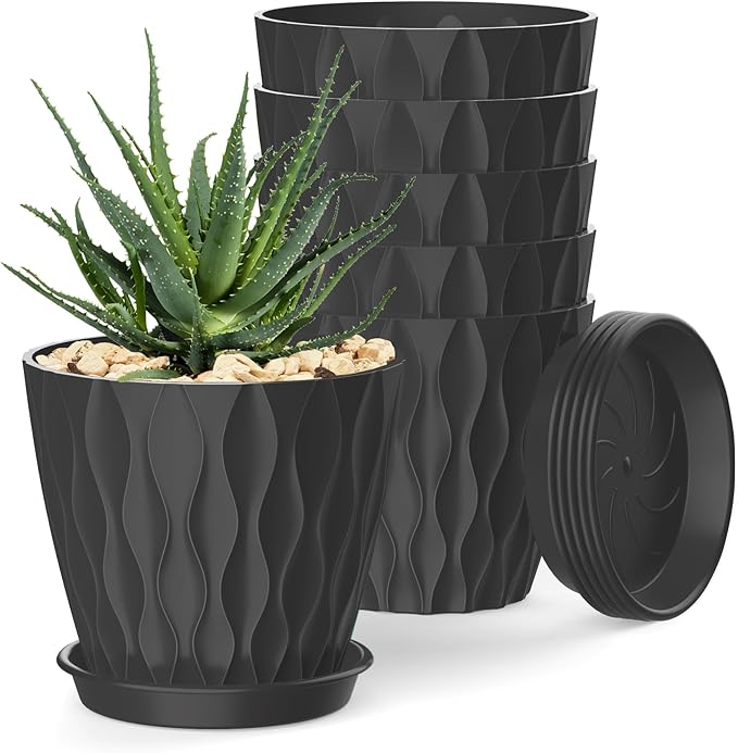 4 Inch Plant Pots, 6 Pack Indoor Flower Pots, Planters with Drainage Holes and Trays for Orchids, Violets, Succulents, Herbs, and Other Plants, Black SQKH