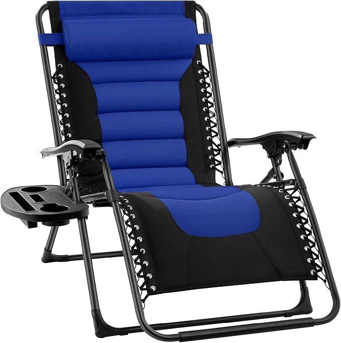 Best Choice Products Oversized Padded Zero Gravity Chair, Folding Outdoor Patio Recliner, XL Anti Gravity Lounger for Backyard w/Headrest, Cup Holder, Side Tray, Polyester Mesh - Blue BestChoiceProducts