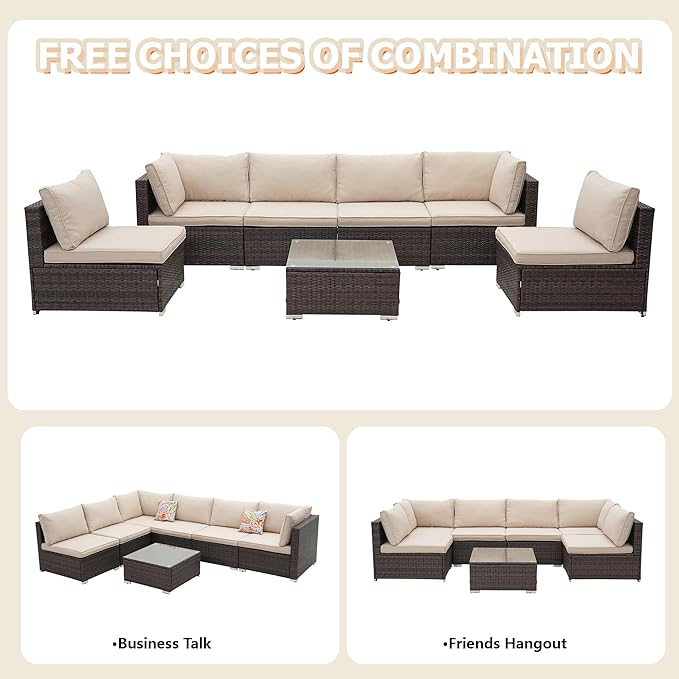 7 Pieces Patio Furniture Set - All-Weather Outdoor Wicker Sectional Conversation Sofa, Rattan Patio Seating Sofa Set with Cushion and Glass Table for Porch Poolside, Brown/Beige ZJEYEJZ