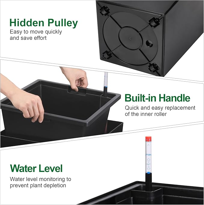 Garvee 30" Tall Planters Set of 2, Outdoor＆Indoor Black Planter Pots, High Front Porch Planter Pots with Drainage Holes＆Water Level Monitor＆Inner Bucket,Black Garvee