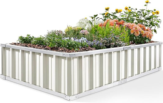 KING BIRD Raised Garden Bed 68"x 36"x 12" Galvanized Steel Metal Outdoor Garden Planter Box Kit with 2 Pairs of Gloves (Ivory) KINGBIRD