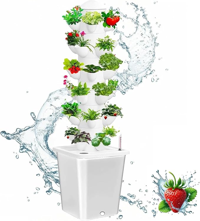 Vertical Hydroponic Tower Garden Growing System - Indoor Planter Kit with 30 Pods, Aeroponic-Style Tower for Herbs, Vegetables, Lettuce & Strawberries, Home Countertop Grow System, White Rootora