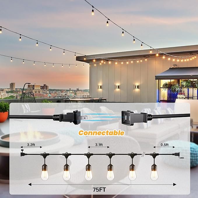Svater 75 FT Outdoor String Lights 2W, Patio Light for Outside with 26 Antique S14 Plastic LED Bulbs, IP65 Waterproof Hanging Cafe Market Lighting, ETL-Listed Dimmable Warm White Svater
