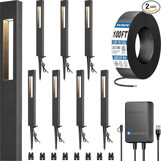 SUNVIE All-In-One LED Low Voltage Landscape Lighting Kit, 8-Pack Pathway Lights with Transformer and 100FT 16/2 AWG Wire, 3000K Waterproof Landscape Path Lights with Connectors for Walkway Garden Yard SUNVIE