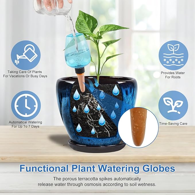 Ceramic Pots for Plant with Self Watering Globes, 8 inch Planters for Indoor Plants with Saucer, Glaze Flower Pots Outdoor with Drainage Holes, Decorative Garden Pots Xoogifae
