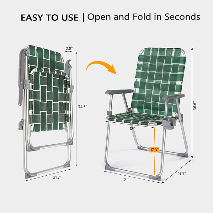 VINGLI Folding Aluminum Webbed Lawn Chairs with Detachable Cup Holder, High Beach Chair for Adults Heavy Duty, Portable Patio Chair, Camping Chair for Yard, Garden, 2 Pack VINGLI