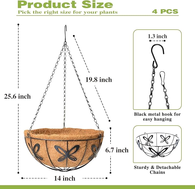 4 Pack 14 Inch Hanging Baskets for Plants Outdoor Metal Hanging Planter Hanging Flower Baskets with Coco Fiber Liners Chain Round Wire Plant Holder Hanging Flower Pots(Butterfly) Qusuxi